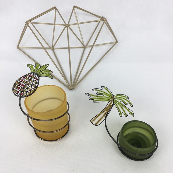 Tropical Pineapple & Palm Tree Beaded Gold & Green Candle Holders - Picture 1 of 6